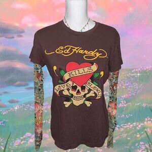 Y2k 2000s ed hardy tattoo mesh long sleeve top
